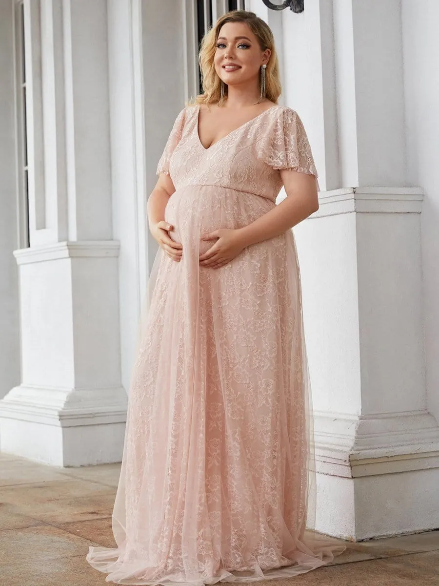 Plus Size Floral Lace Flutter Sleeve V-Neck Maternity Dress