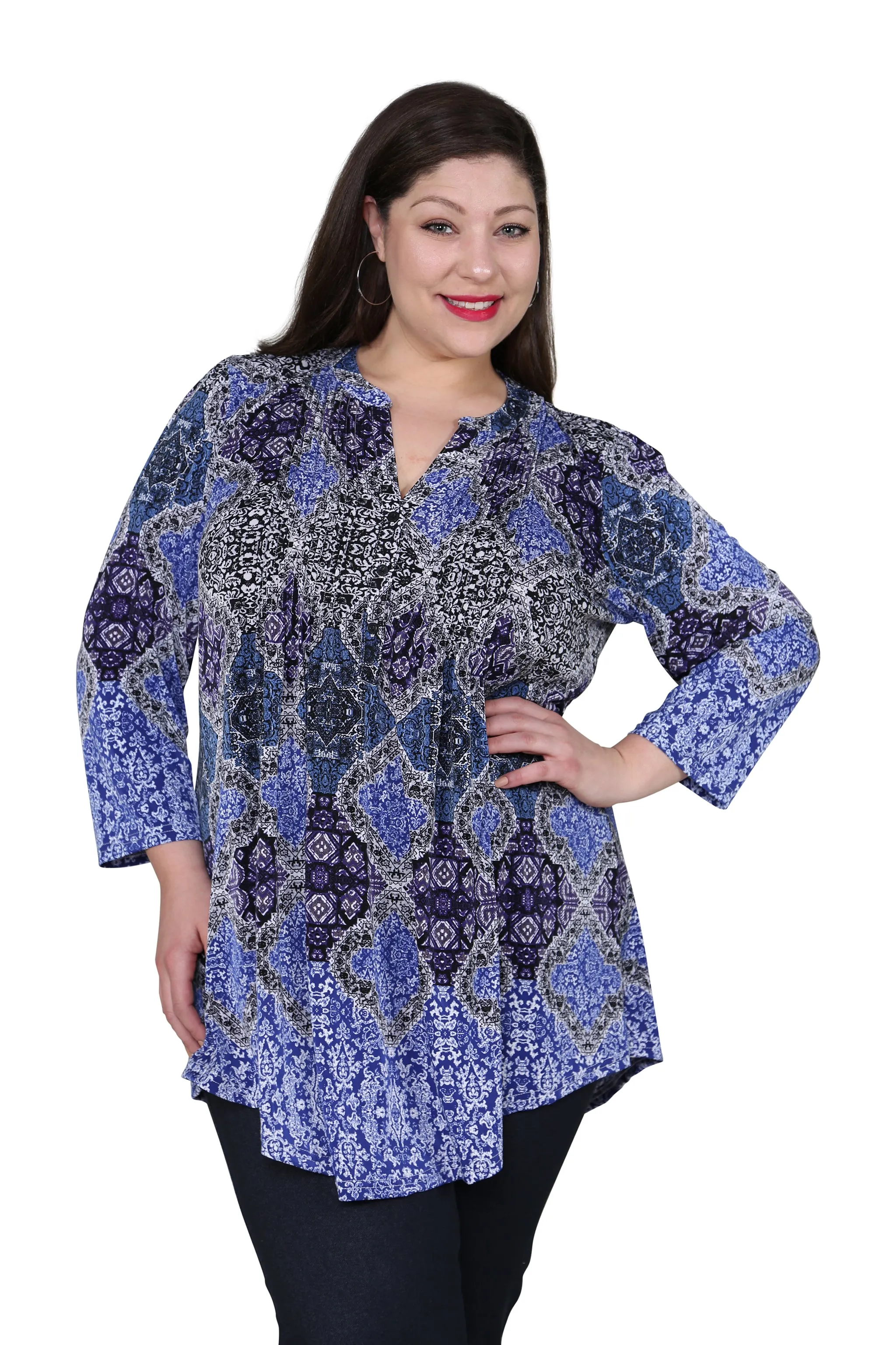 Plus Size La Cera Pleat Front Printed Tunic Blue Multi