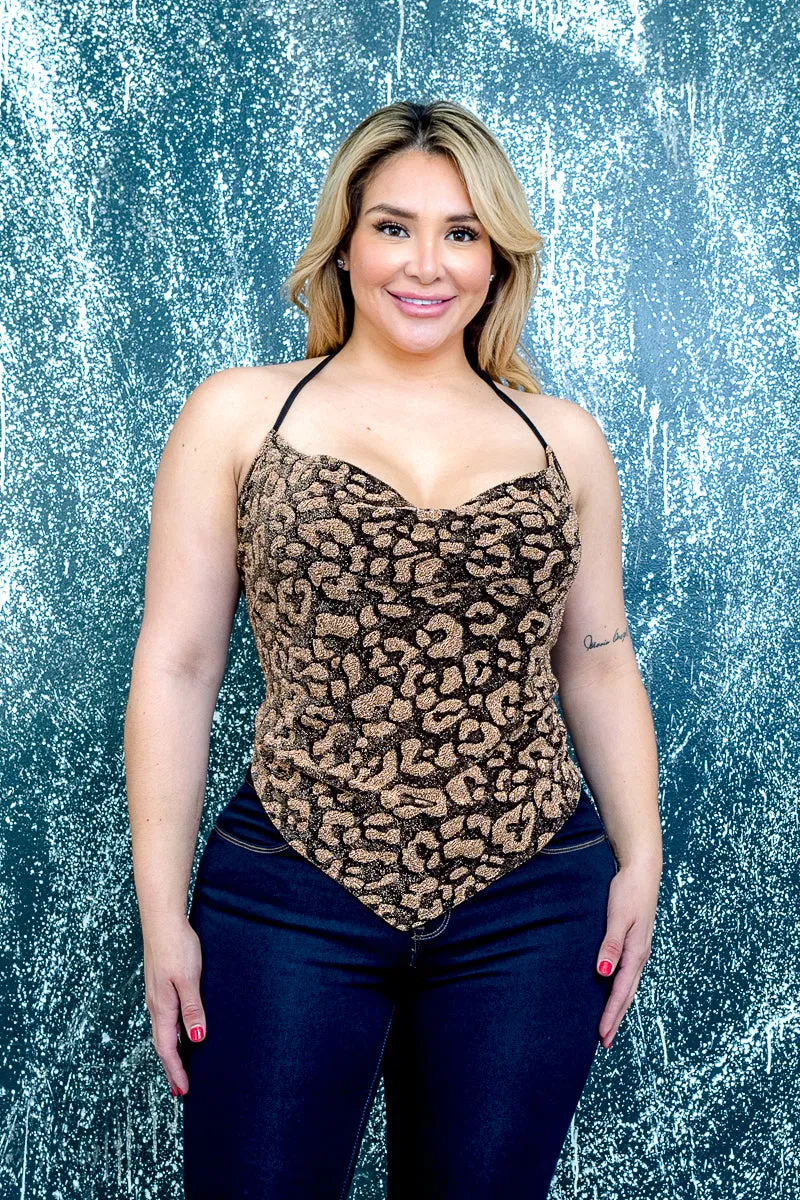 Plus Size Leopard Knit Triangle Halter Top with Cowl Neck (ZA4394)