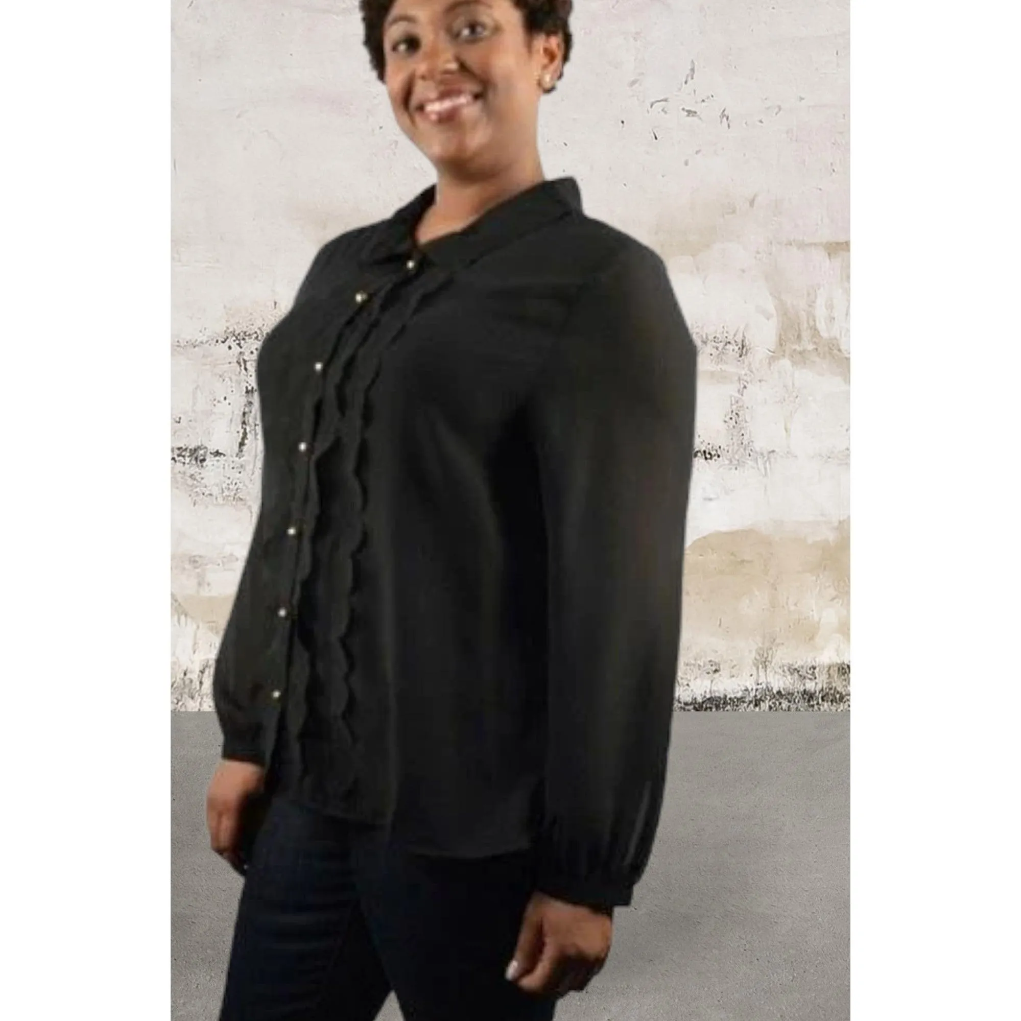 Plus Size Long Sleeve Scalloped Placket Blouse