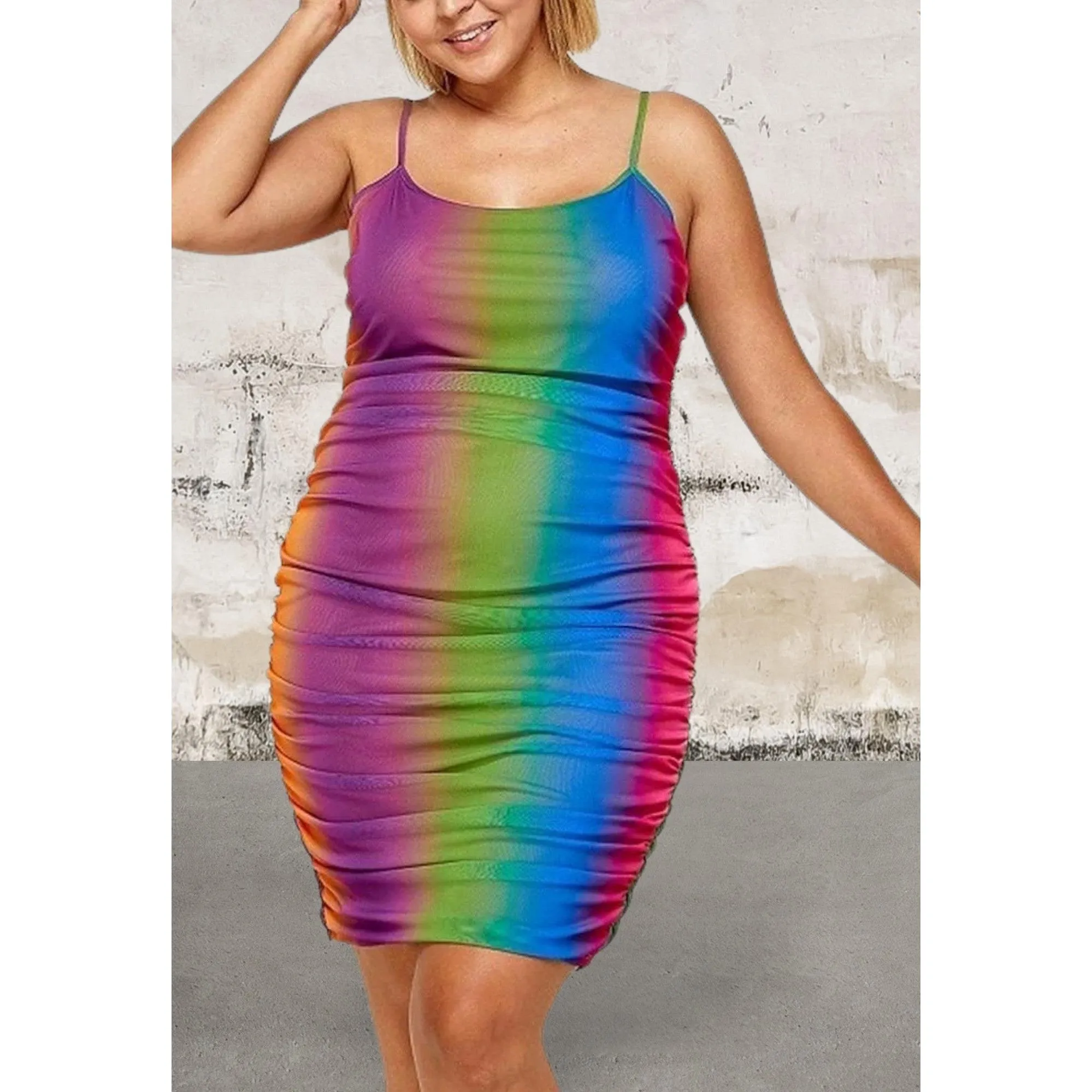 Plus size rainbow print spaghetti strap dress