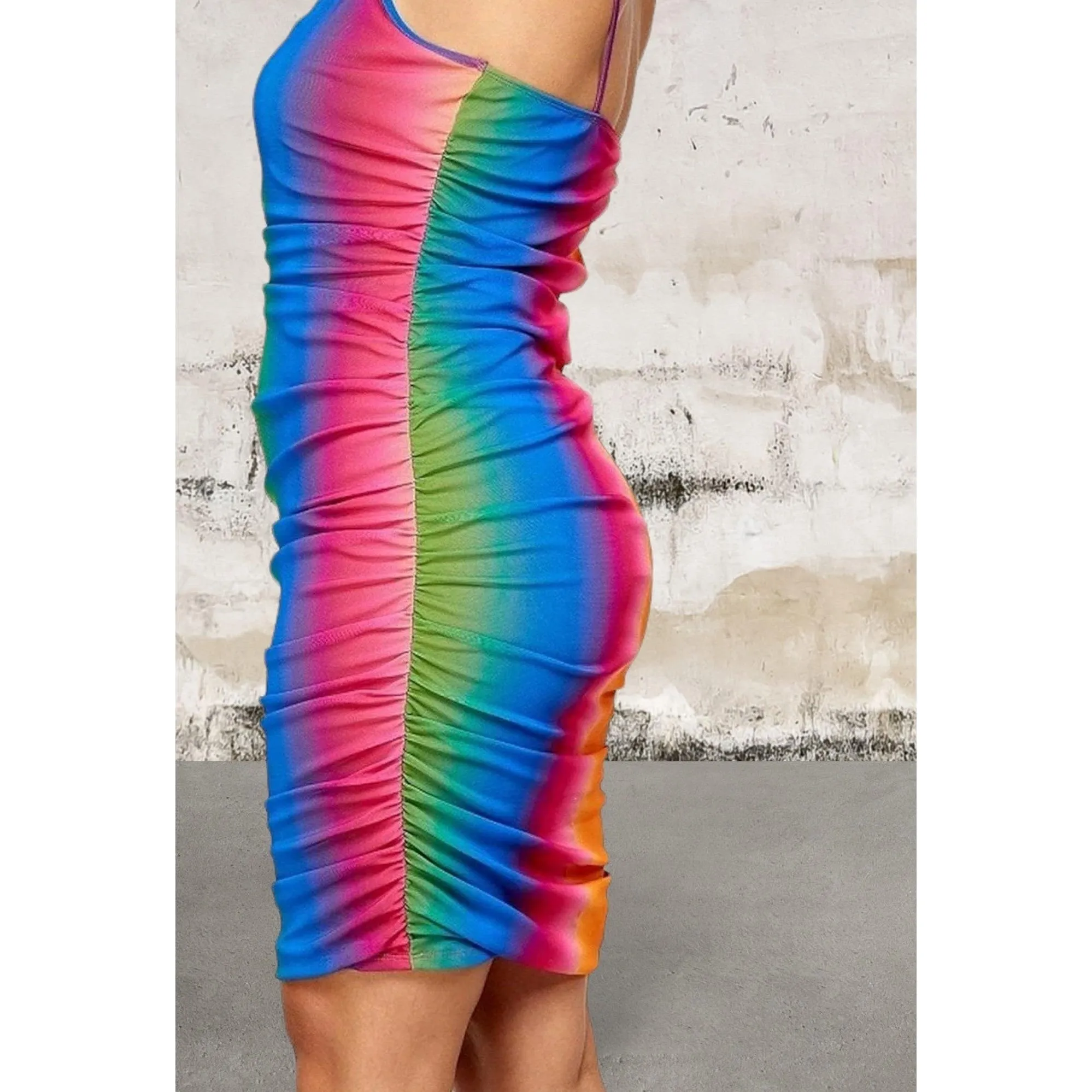 Plus size rainbow print spaghetti strap dress