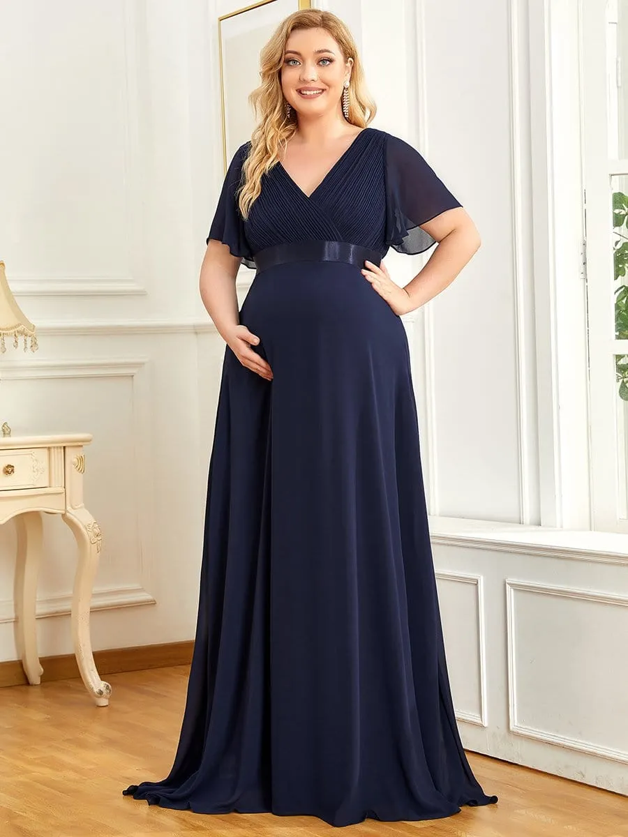 Plus Size Ruffle Sleeve Floor-Length Formal Maternity Dress