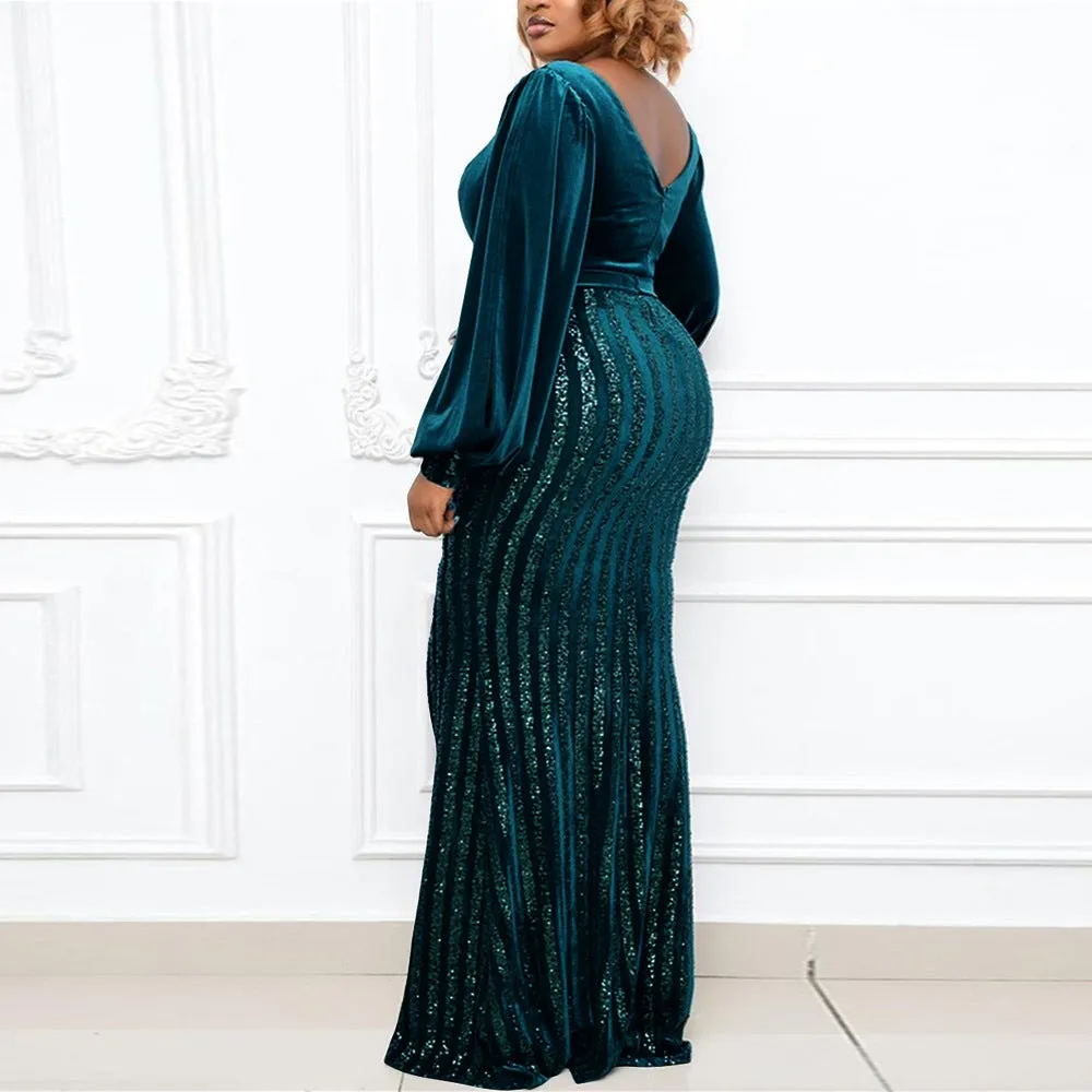 Plus Size Sexy Split Beaded Velvet Maxi Evening Dress