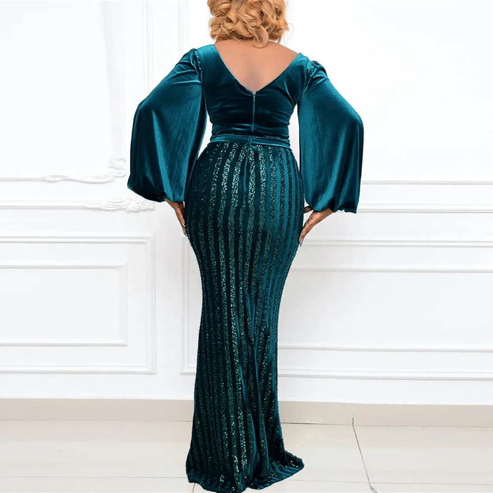 Plus Size Sexy Split Beaded Velvet Maxi Evening Dress