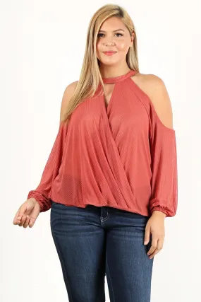 Plus Size Solid Wrap Top With A Mock Neckline, Cutouts, And Puff Sleeves