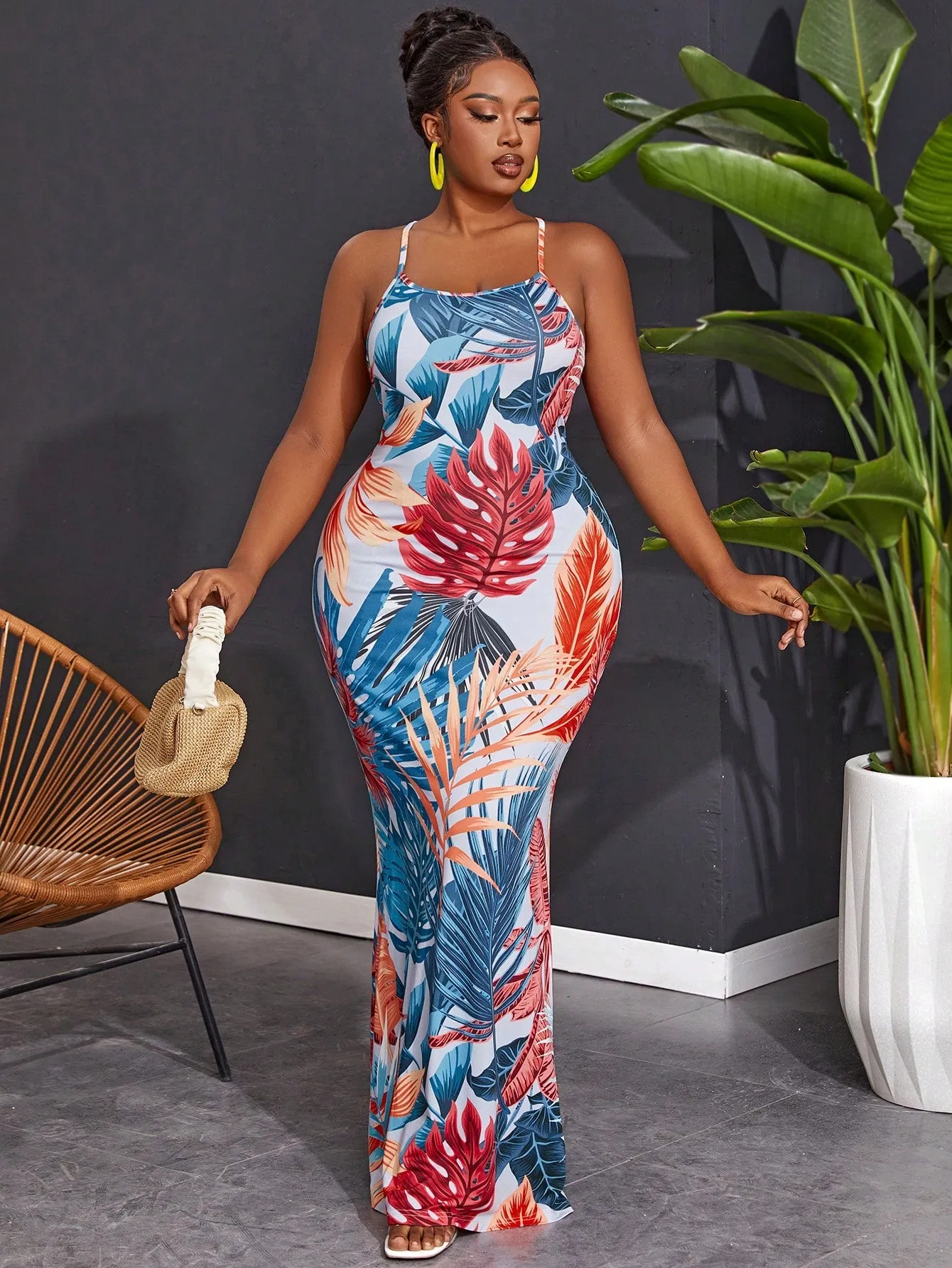 Plus Size Tropical Print Vacation Style Spaghetti Strap Dress