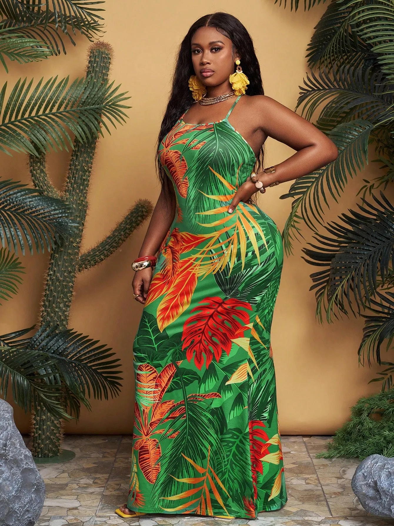 Plus Size Tropical Print Vacation Style Spaghetti Strap Dress