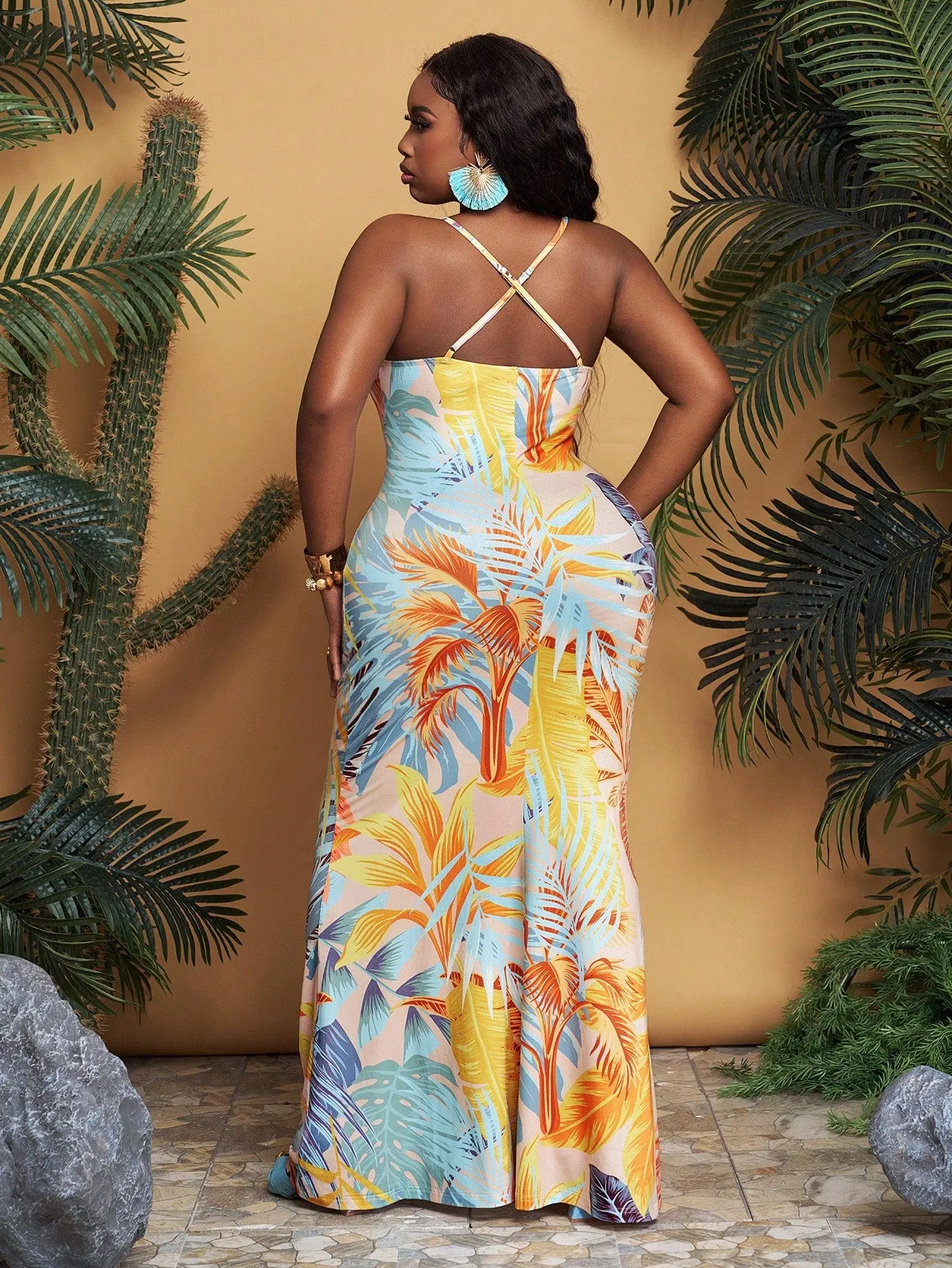 Plus Size Tropical Print Vacation Style Spaghetti Strap Dress