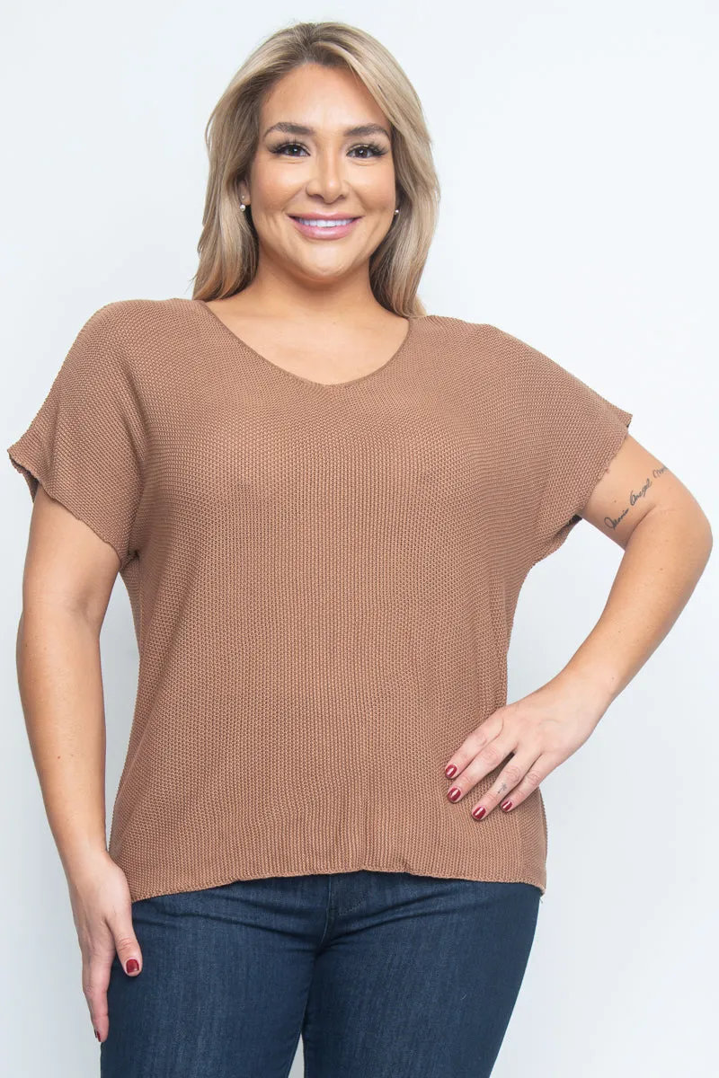 Plus Size V-Neck Knit Short Sleeve Top* (ZB10456)