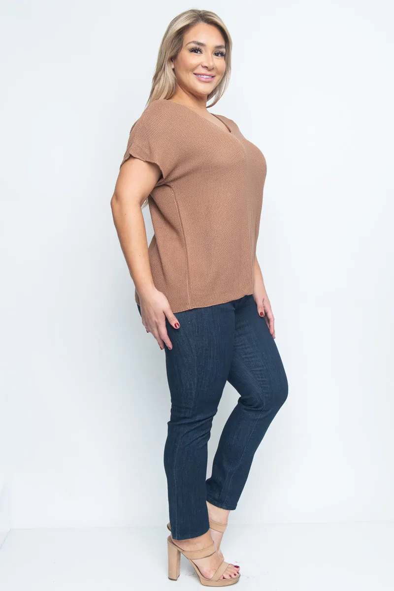 Plus Size V-Neck Knit Short Sleeve Top* (ZB10456)