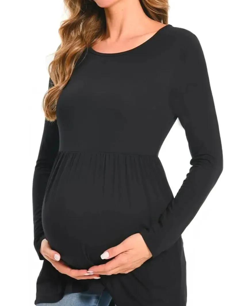 Pregnant Women's Black European and American Autumn Bottom Shirt Long sleeved Round Neck Casual T-shirt Bottom Top