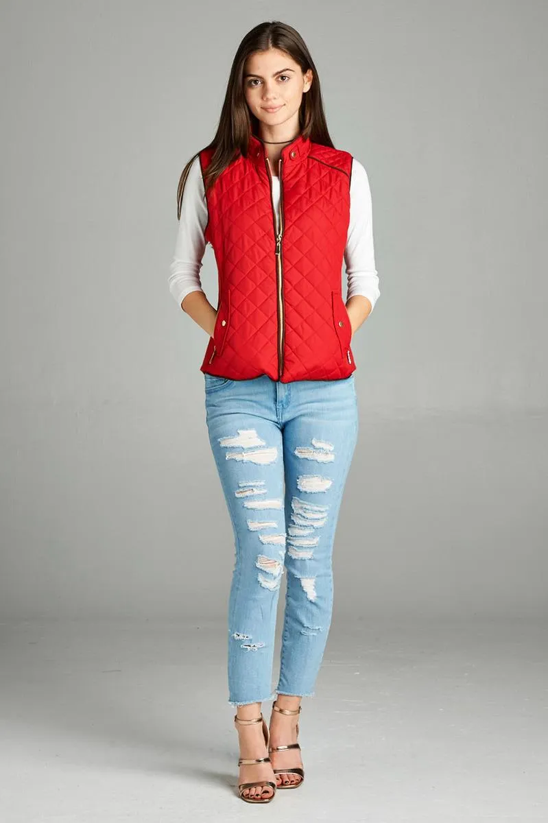 Quilted Padding Vest With Suede Piping Details