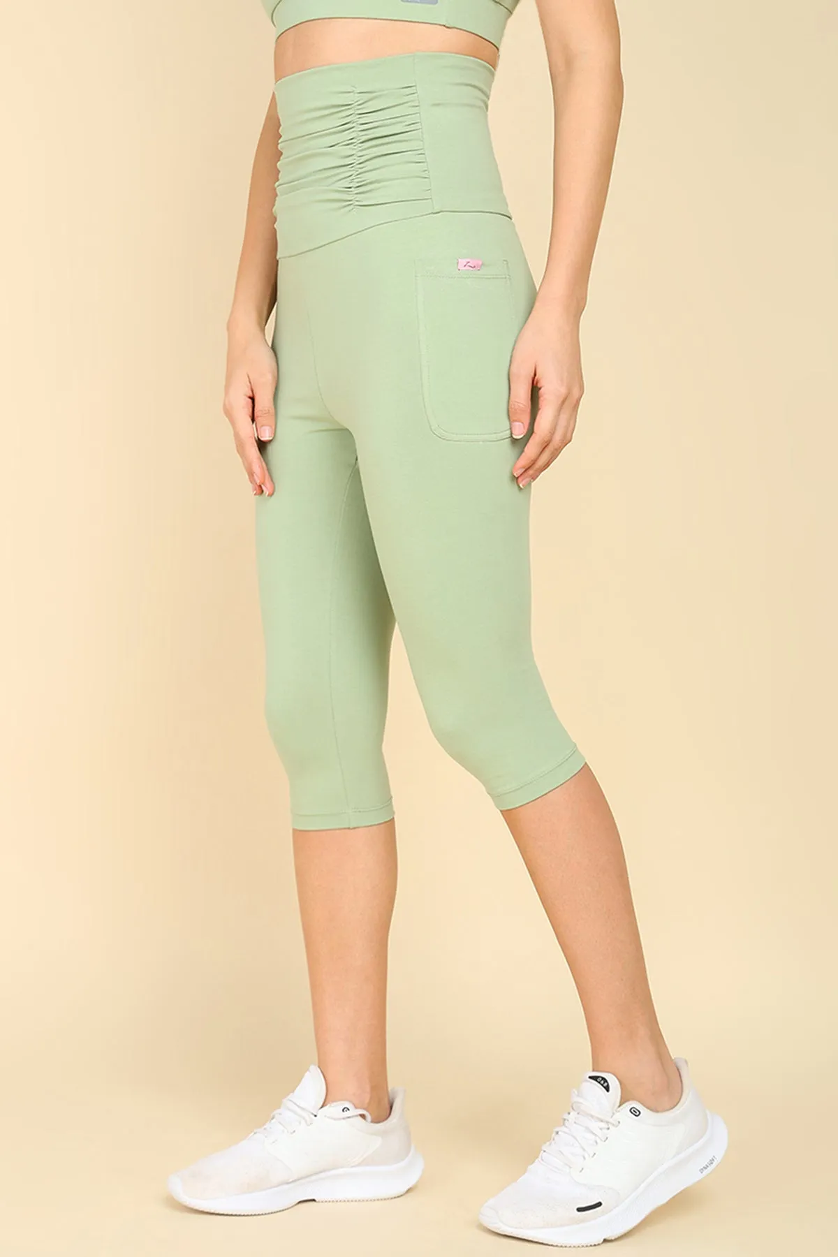 Ruched Cotton Pistachio Green Maternity Capri (Pregnancy & Postpartum)