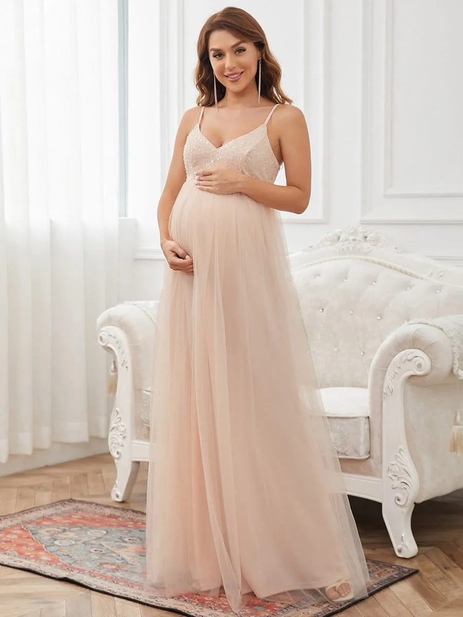 Sequin Spaghetti Strap A-Line Tulle Formal Maternity Dress