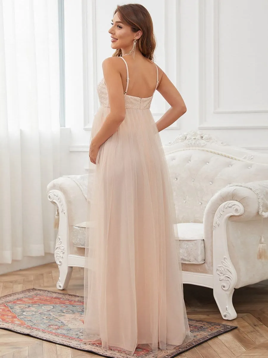 Sequin Spaghetti Strap A-Line Tulle Formal Maternity Dress