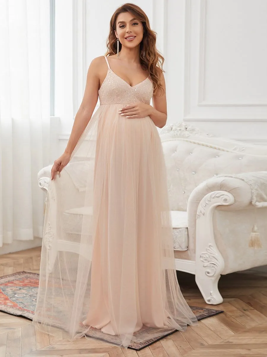 Sequin Spaghetti Strap A-Line Tulle Formal Maternity Dress