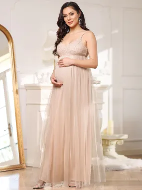 Sequin Spaghetti Strap A-Line Tulle Formal Maternity Dress