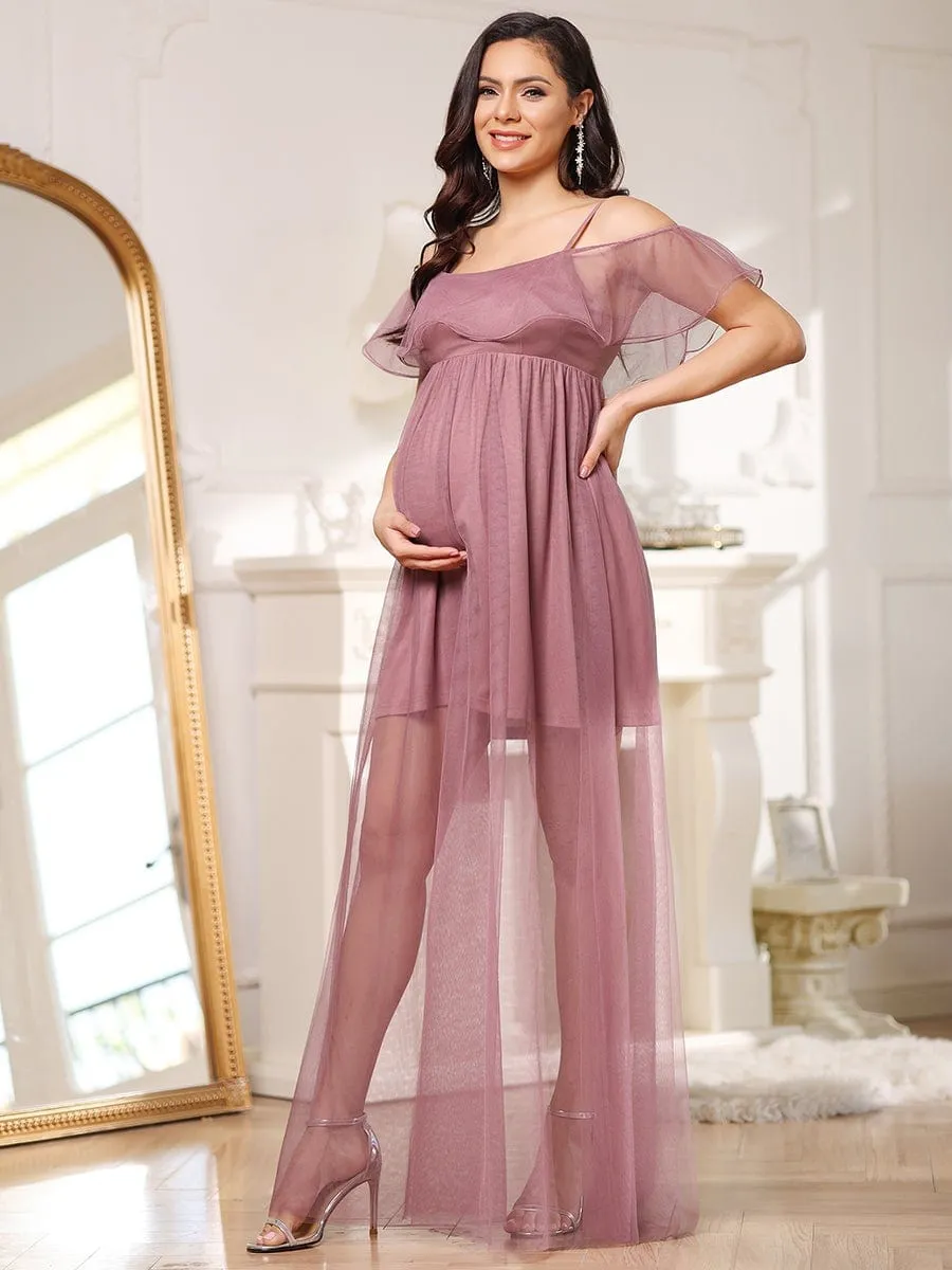 Sheer Ruffle Cold Shoulder Double Skirt Maternity Dress