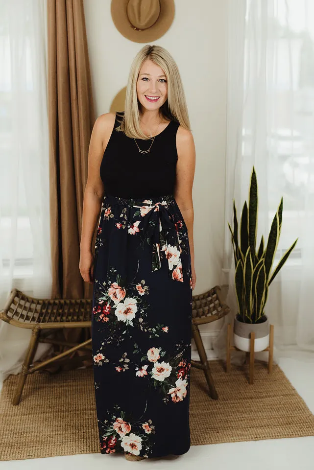 Sleeveless Floral Sash Maxi