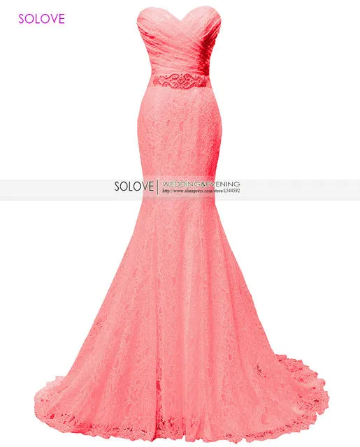 Solovedress Elegant Beaded Sweetheart Champagne Mermaid Lace Evening Dress Formal Gown With Sash vestido de festa