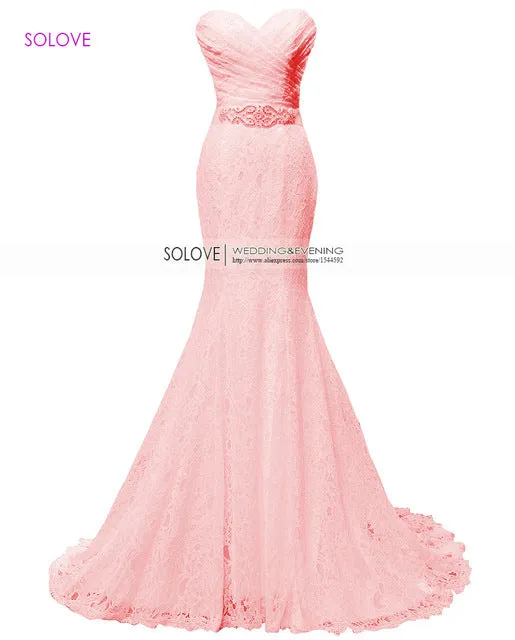 Solovedress Elegant Beaded Sweetheart Champagne Mermaid Lace Evening Dress Formal Gown With Sash vestido de festa