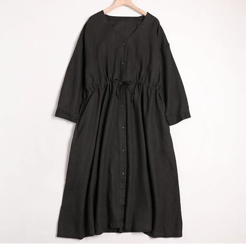 Women V Neck Linen Casual Waist Drawstring Dresses