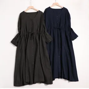 Women V Neck Linen Casual Waist Drawstring Dresses