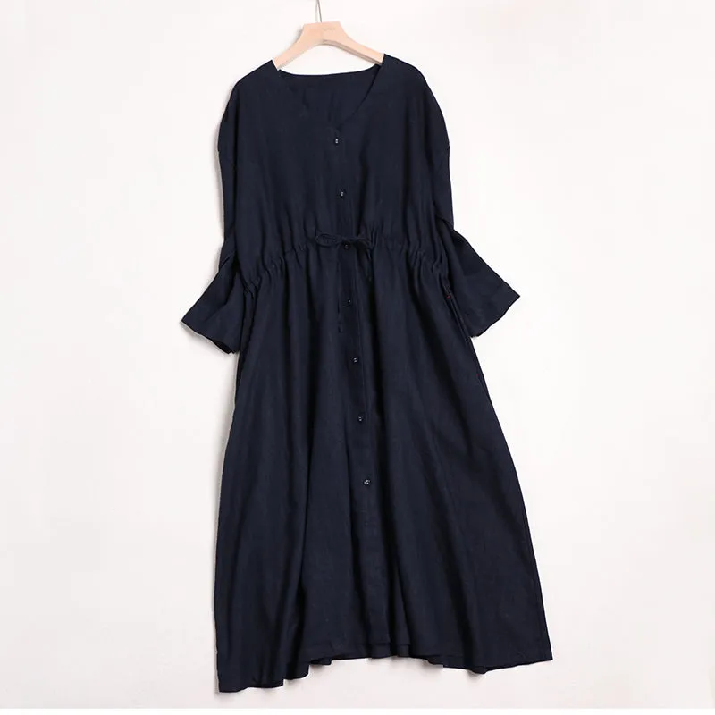 Women V Neck Linen Casual Waist Drawstring Dresses