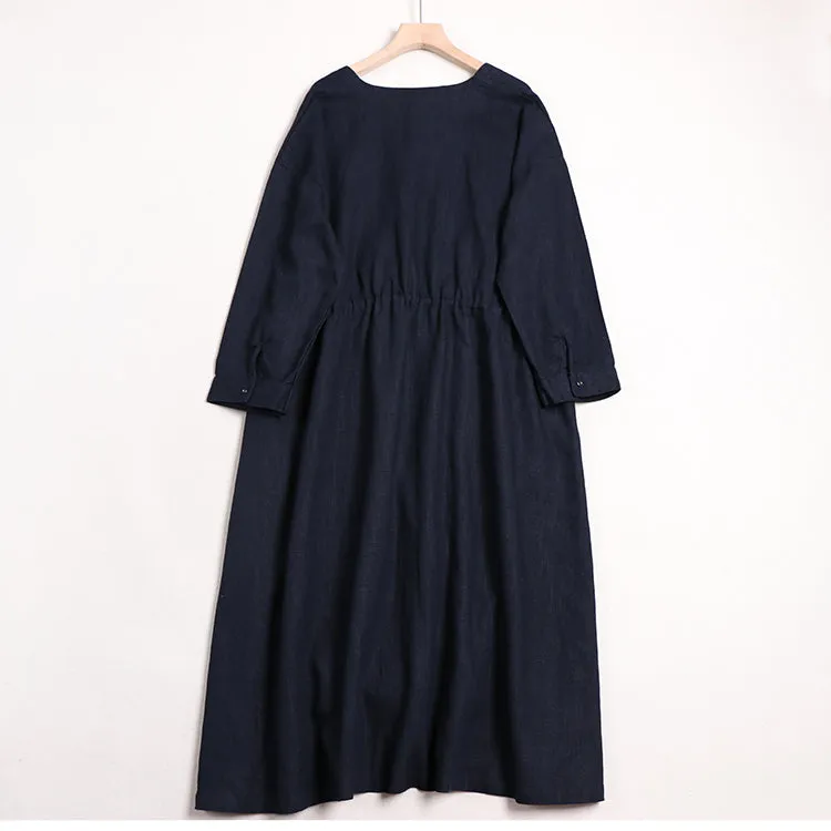 Women V Neck Linen Casual Waist Drawstring Dresses