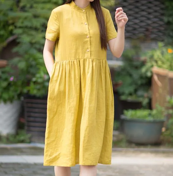 Yellow 100% Linen Women Dresses Spring Summer Women Dresses XH9527