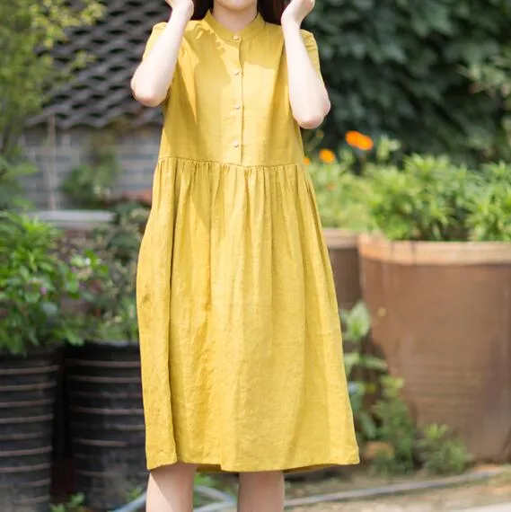 Yellow 100% Linen Women Dresses Spring Summer Women Dresses XH9527