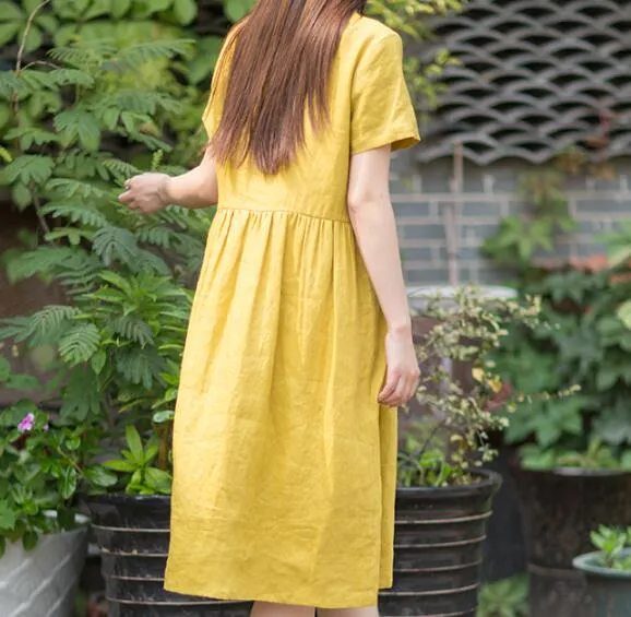 Yellow 100% Linen Women Dresses Spring Summer Women Dresses XH9527