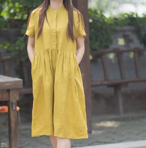 Yellow 100% Linen Women Dresses Spring Summer Women Dresses XH9527