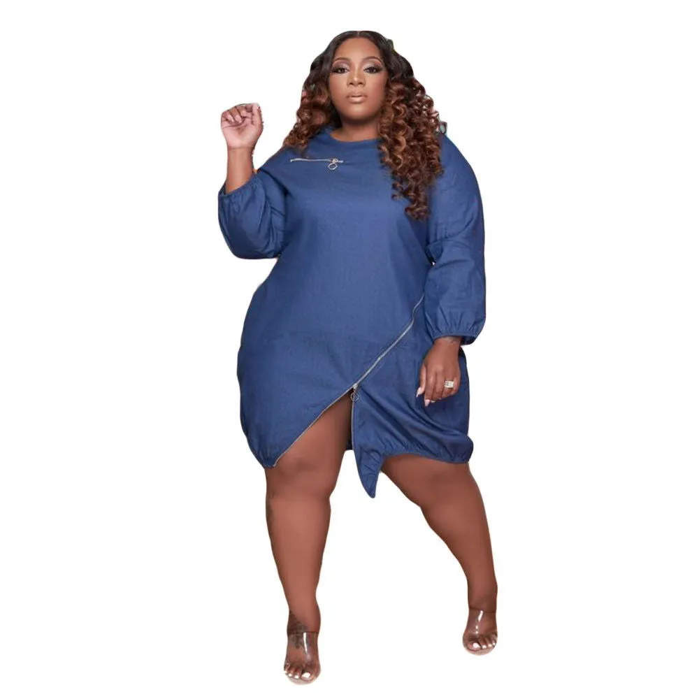 Zipper Front Closure Knee-Length Slit Plus Size Denim Dresses